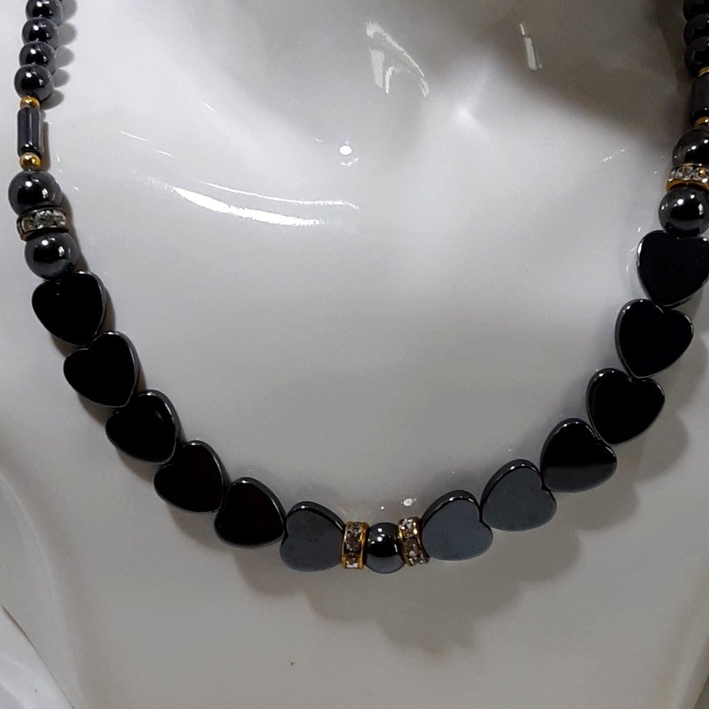 Vintage Necklace Hematite Hearts and Crystal Beads Romantic Whimsigoth Gift 18"